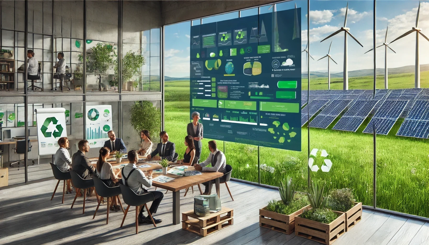 Un team in un ufficio moderno discute strategie di sostenibilità con pannelli solari e turbine eoliche visibili all'esterno, mostrando grafici e dati relativi alla sostenibilità